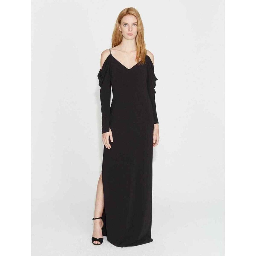 Halston Heritage | Black with Beaded Strap Maxi V-Neck Formal Slit Dress | Sz 12